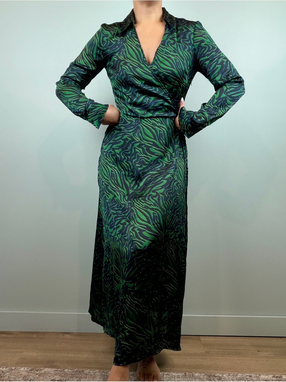 ASOS: Stradivarius wrap detail midi satin dress in green abstract animal print S